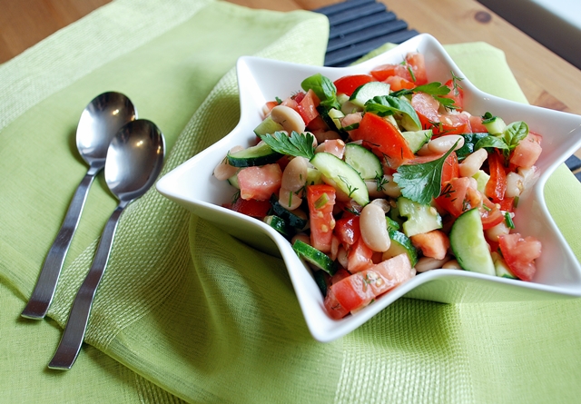 White beans, tomato and cucumber salads