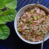 Bean salads with pickles and sausage